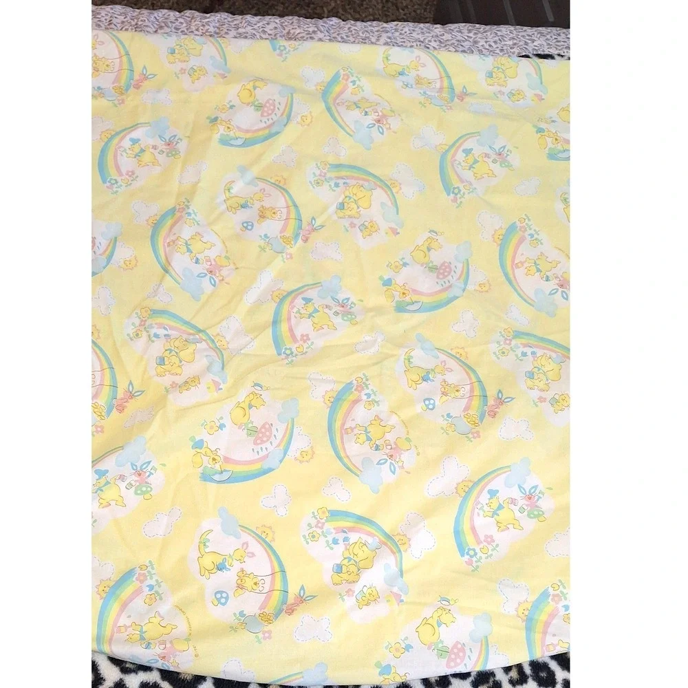 Vtg 1991 rabbit bear Fitted baby Crib Sheet Yellow Rainbow Kendall Company